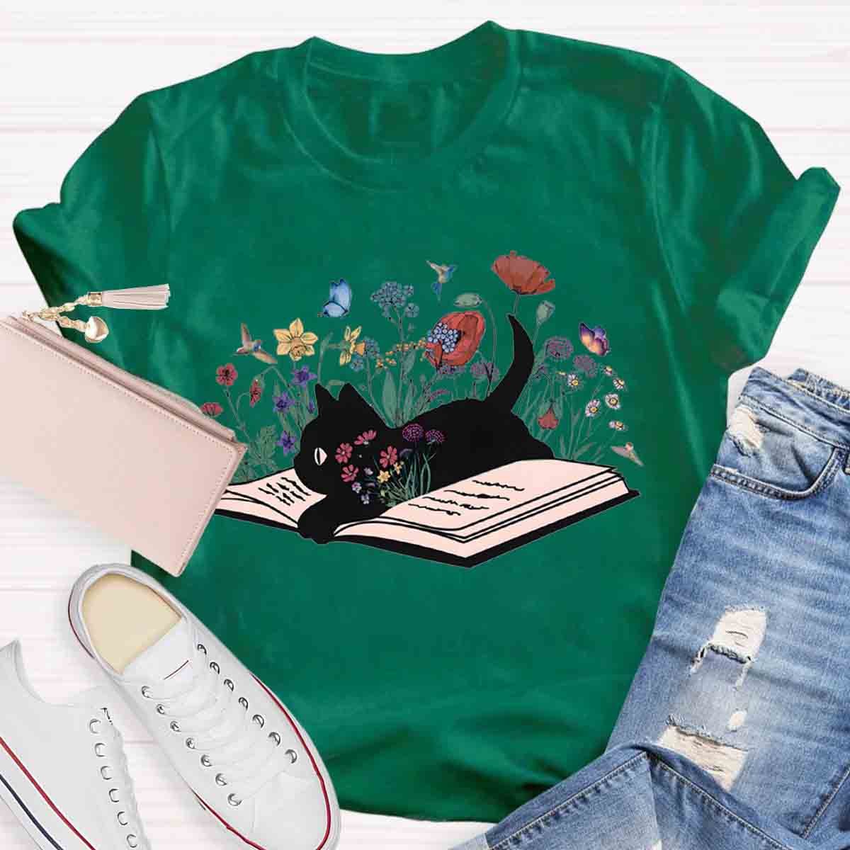 Cute Floral Book Cat T-Shirt