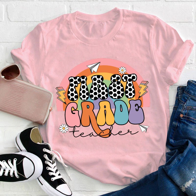 Personalized Grade Rainbow Black Dot Teacher T-Shirt