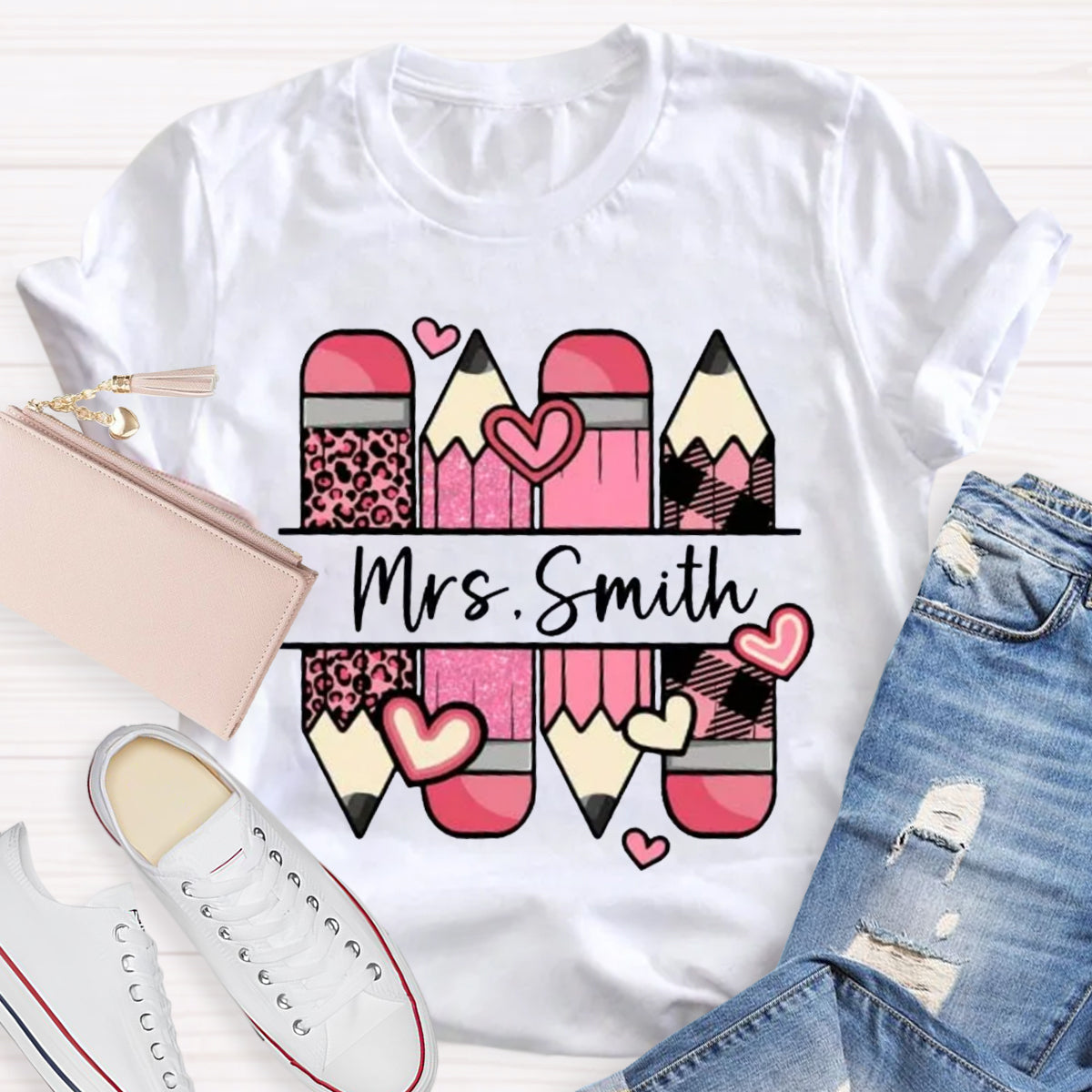 Personalized Name Pink Pencil Heart Mrs Smith T-Shirt