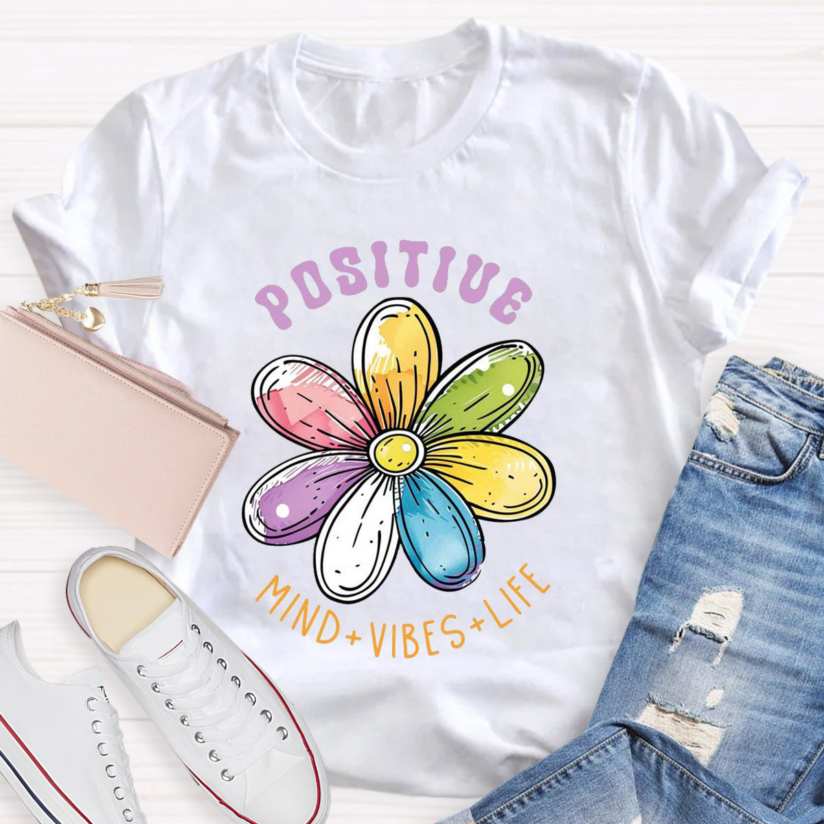Positive Mind Vibes Life Floral Teacher T-Shirt