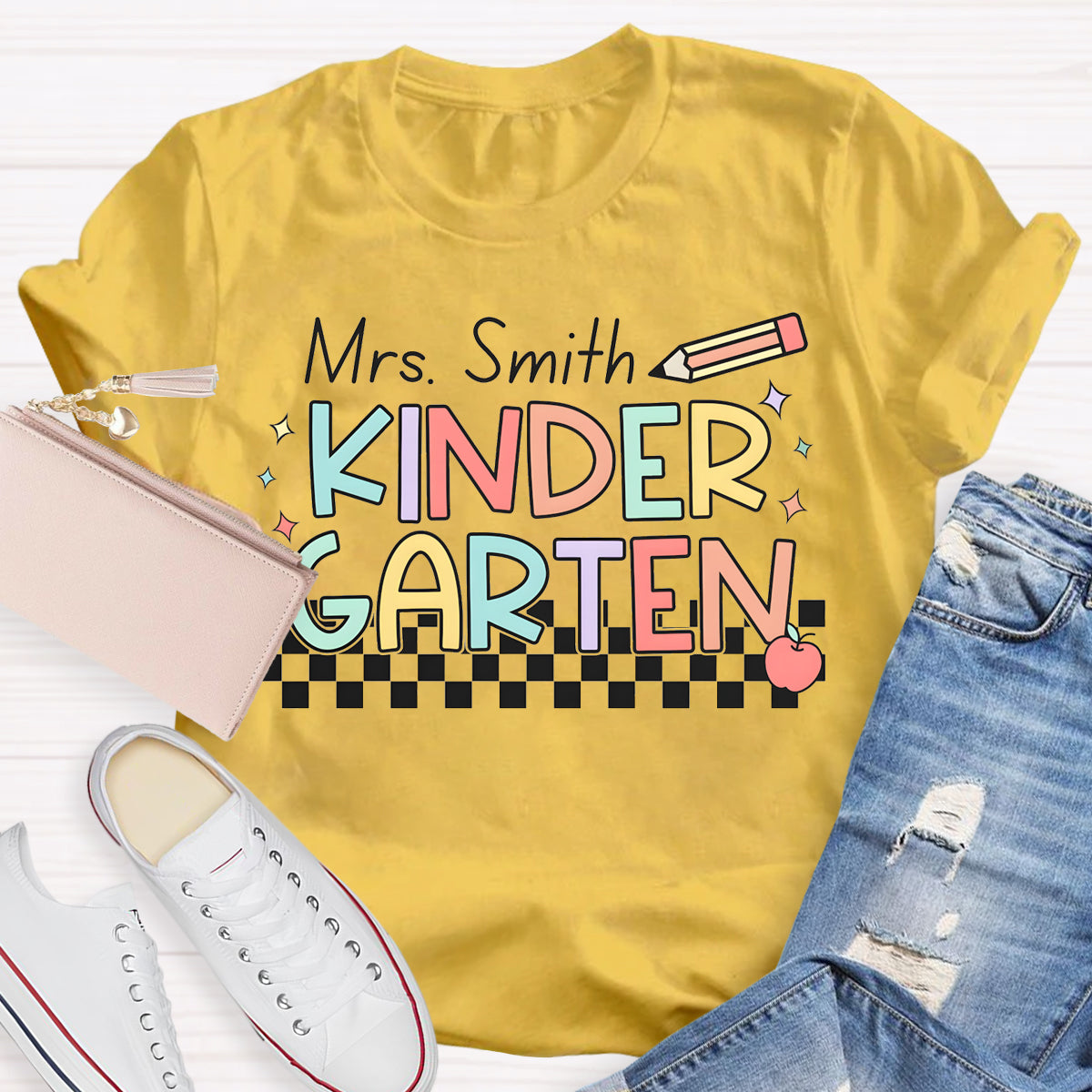 Personalized Name And Grade Checkerboard Teacher T-Shirt