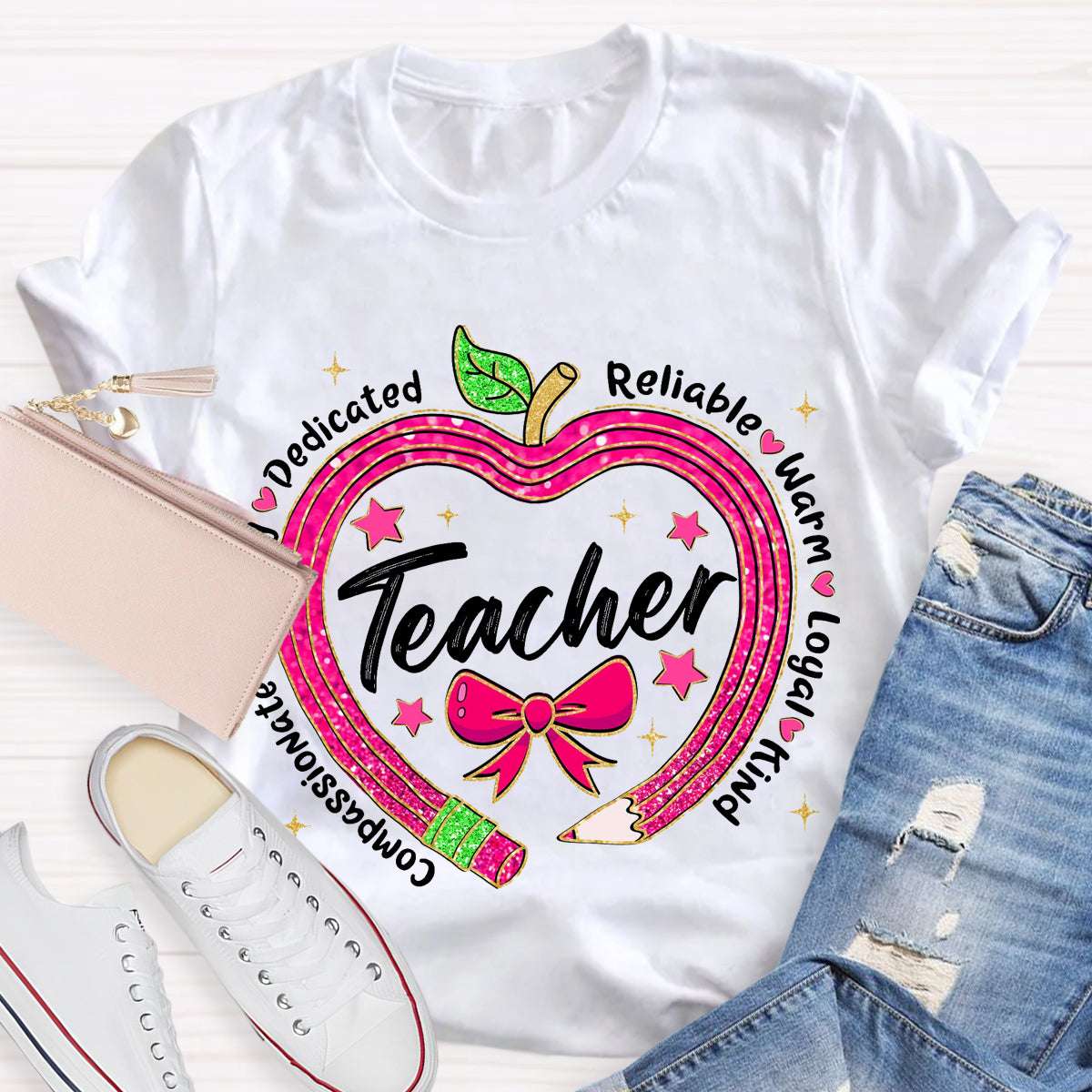 Reliable Warm Glitter Apple Pencil Heart Teacher T-Shirt