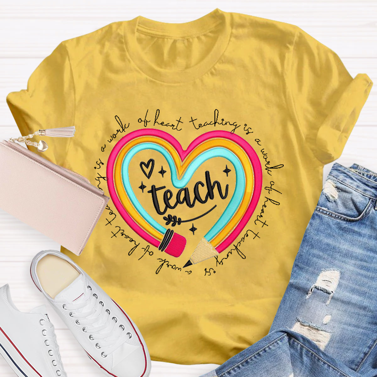 Teach Is A Work Of Heart Rainbow Pencil Teacher T-Shirt