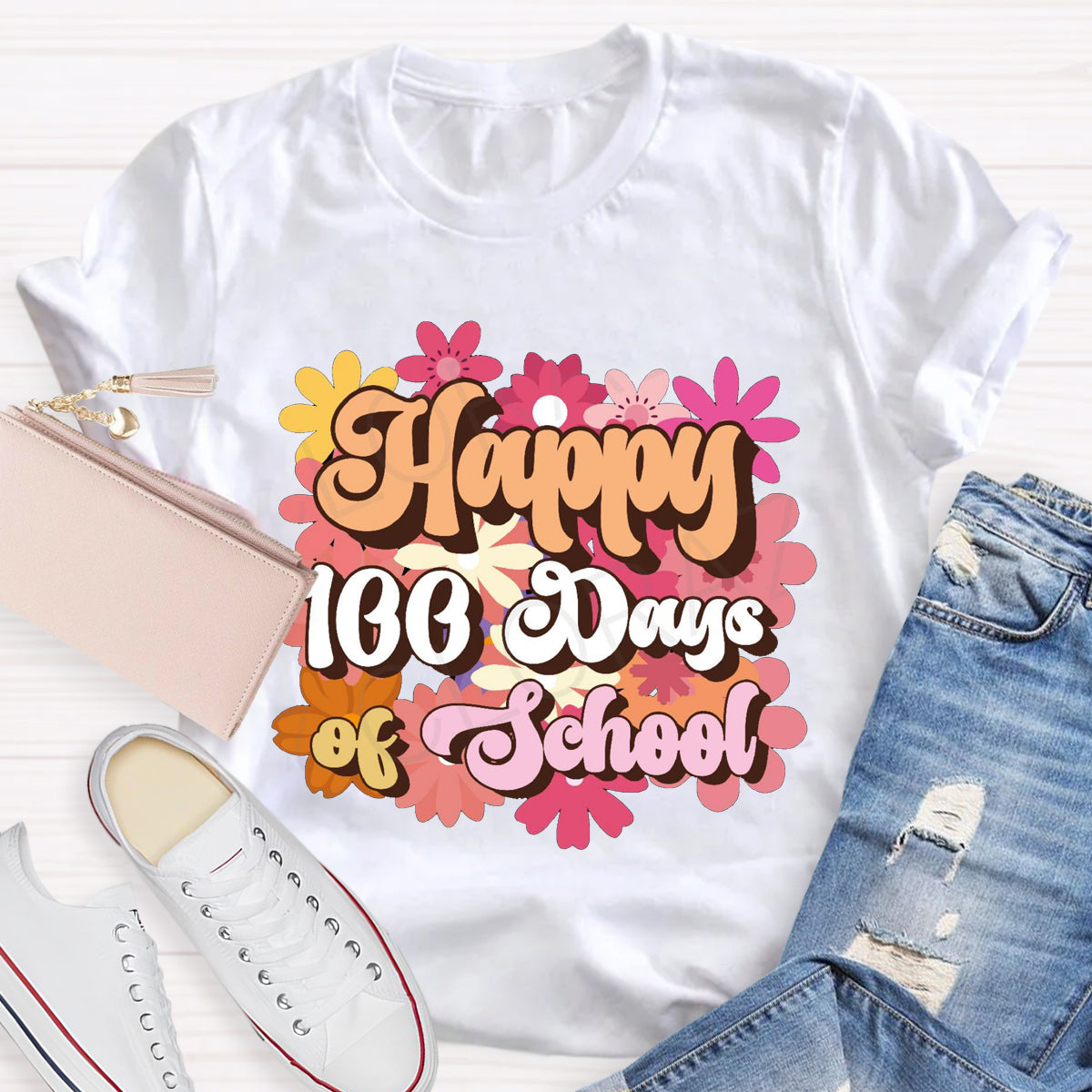 Happy 100 Days Of School Floral Printed T-Shirt