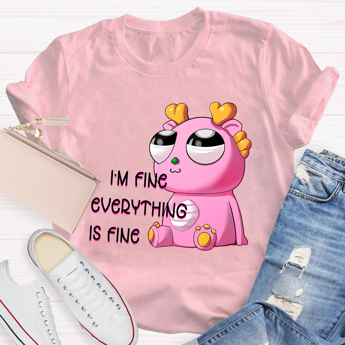 I'm Fine Everything is Fine Pink Big Eyes Dragon T-Shirt