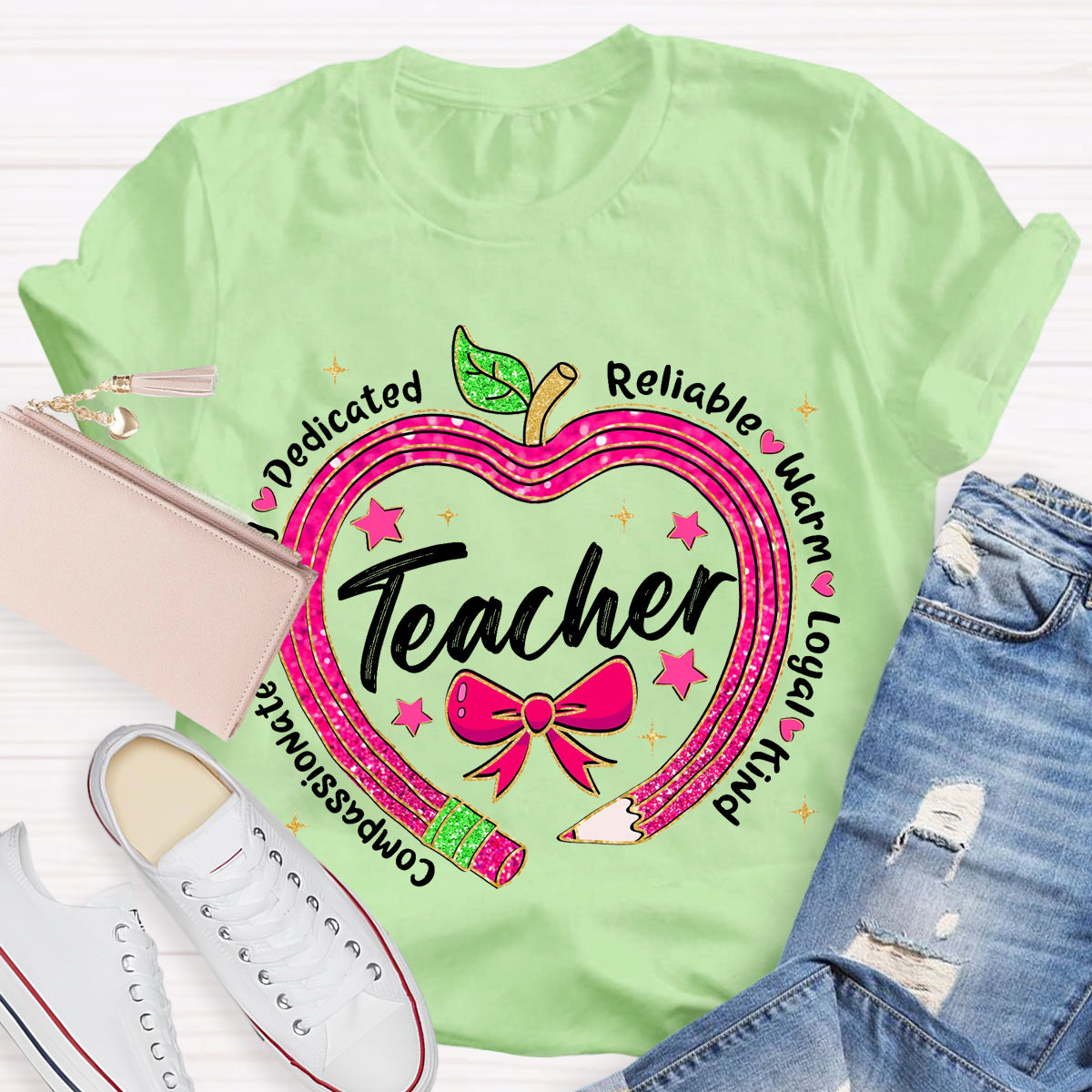 Reliable Warm Glitter Apple Pencil Heart Teacher T-Shirt