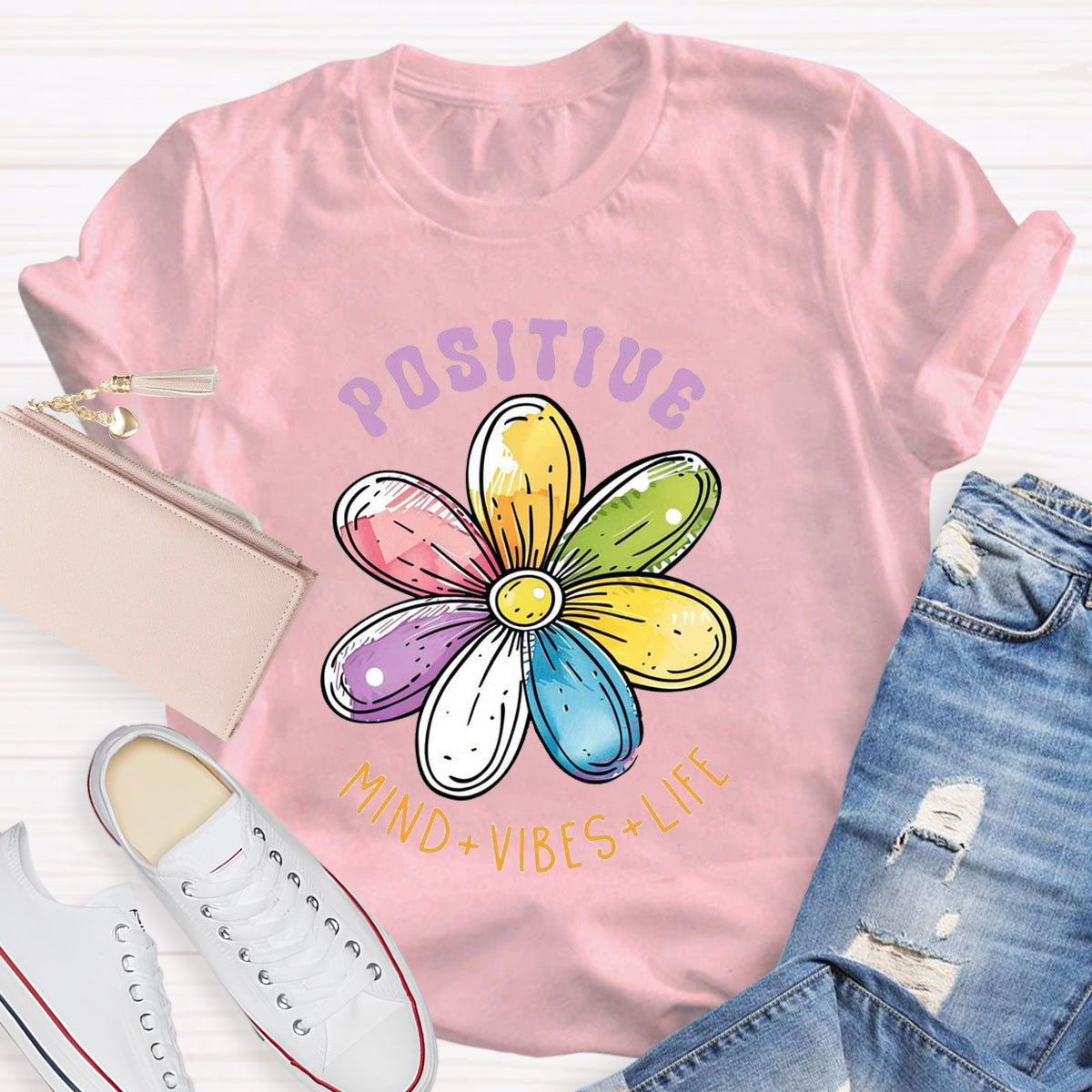 Positive Mind Vibes Life Floral Teacher T-Shirt