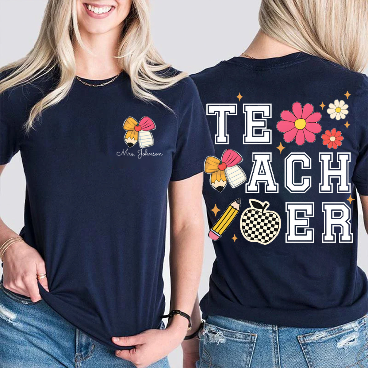 Personalized Name Pink Apple Bow Double Printed T-shirt