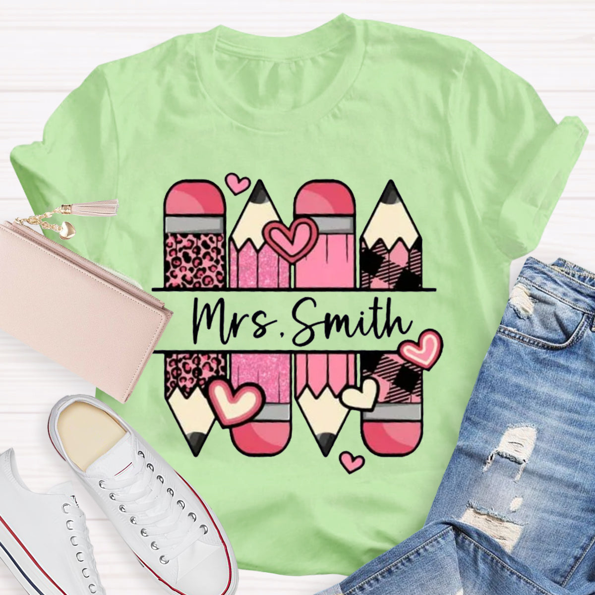 Personalized Name Pink Pencil Heart Mrs Smith T-Shirt