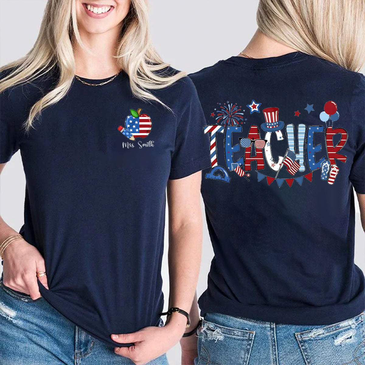 Personalized Name US Flag Apple Double Printed T-shirt