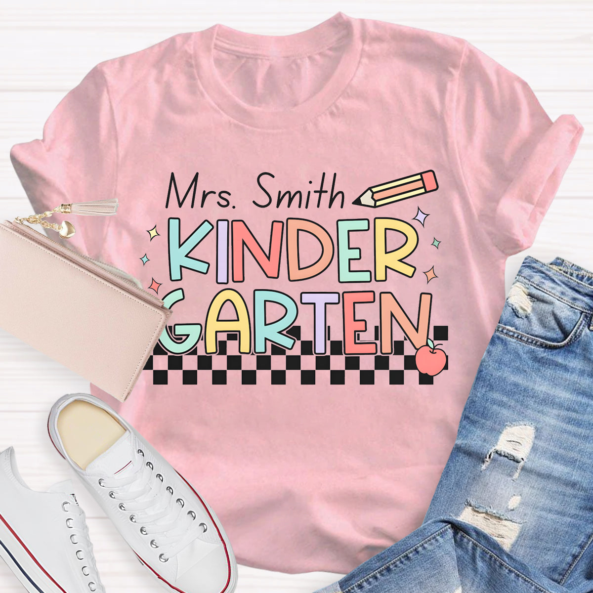 Personalized Name And Grade Checkerboard Teacher T-Shirt