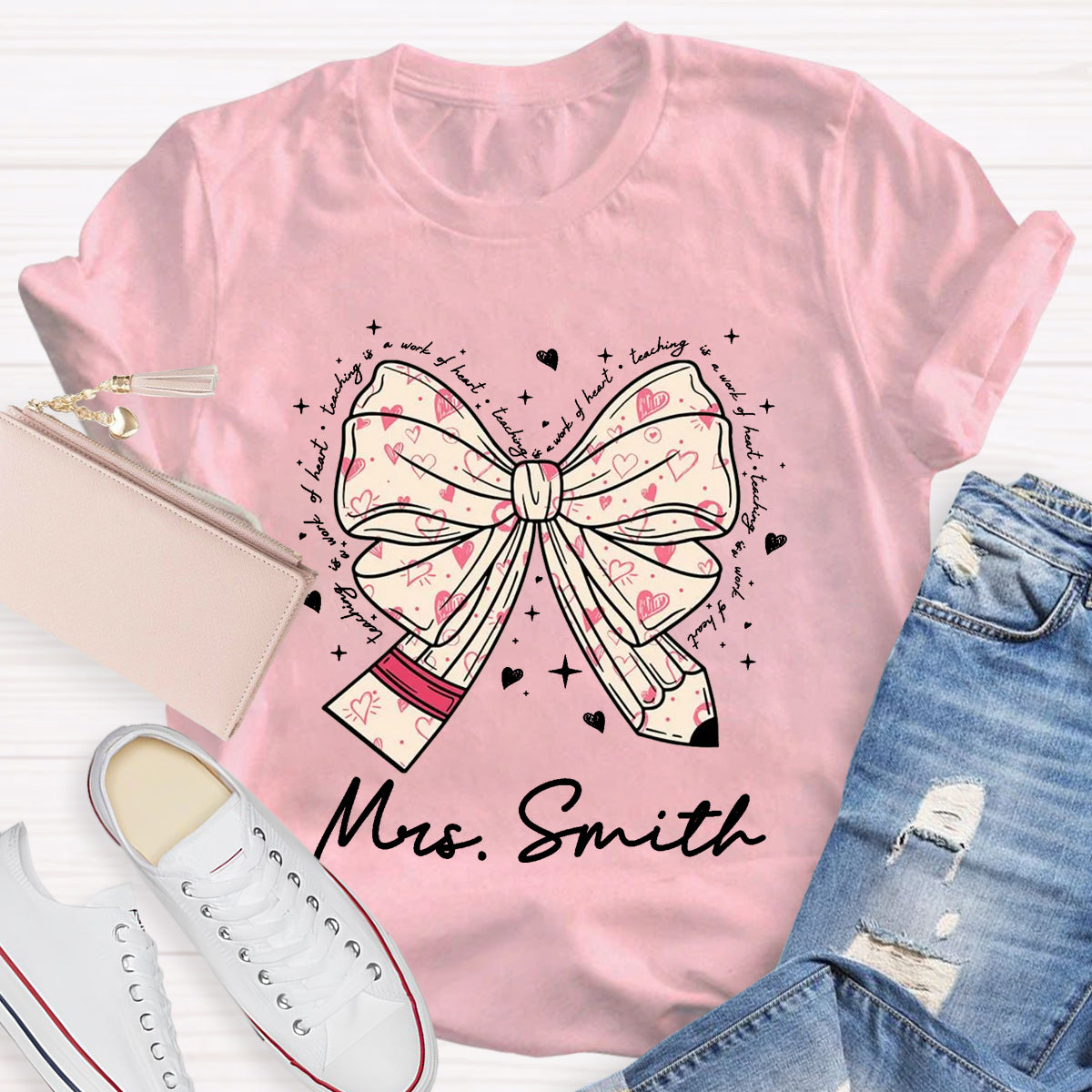 Personalized Name Teaching Is A Work Of Heart Teacher T-Shirt