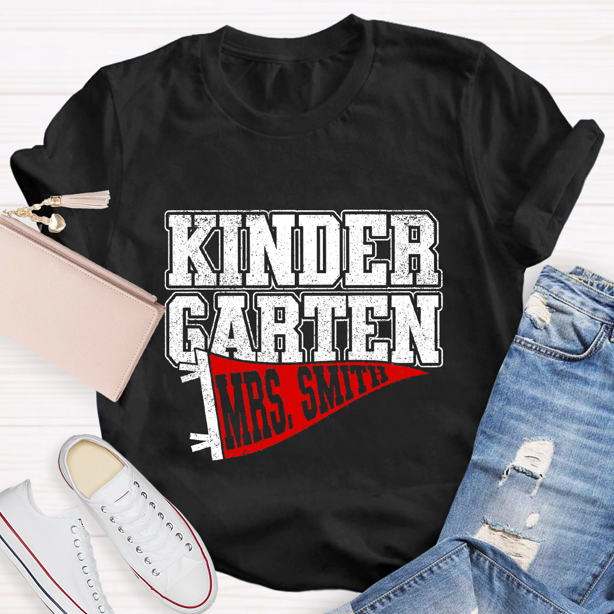 Personalized Grade And Name Flag Shaped Print Teacher T-Shirt