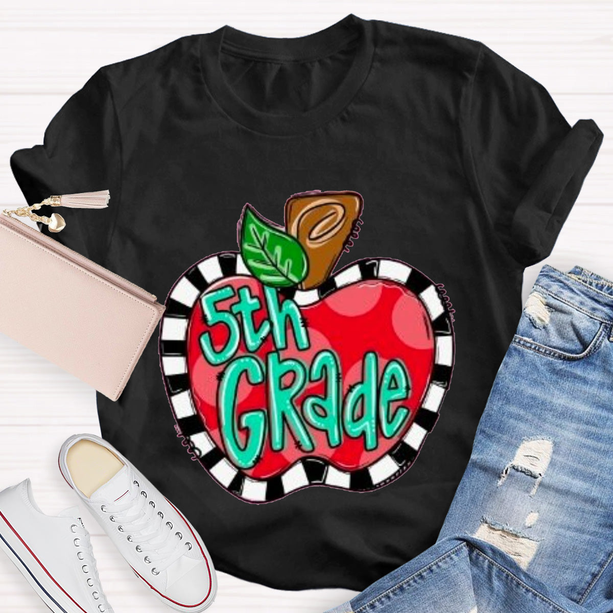 Personalized Grade Teacher Color Block Apple Printed T-Shirt