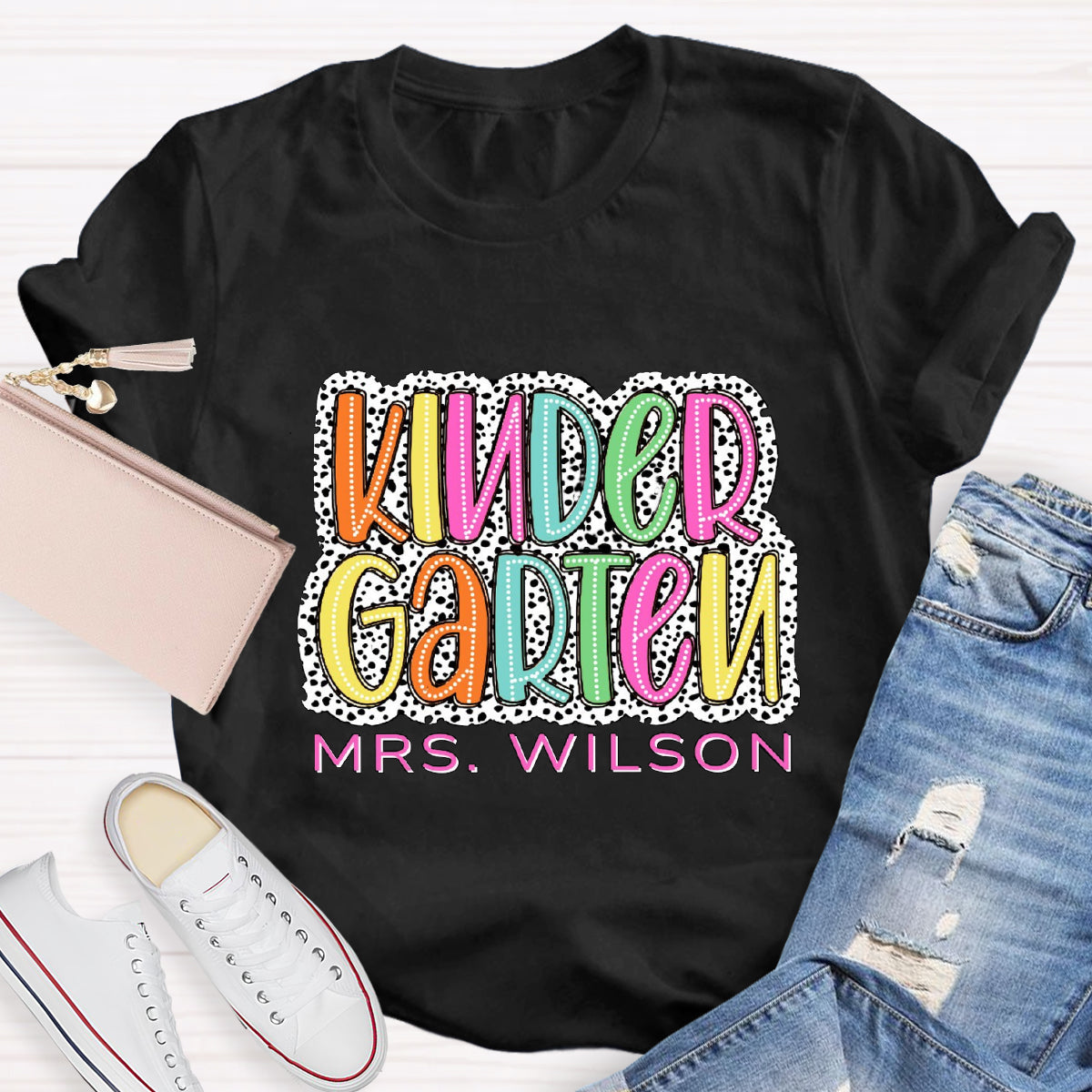 Personalized Name And Grade Neon Lights And Polka Dots Teacher T-Shirt