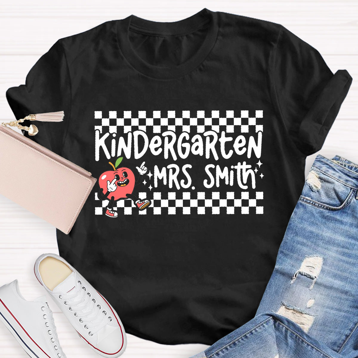 Personalized Grade And Name Chessboard pattern Apple Teacher T-Shirt
