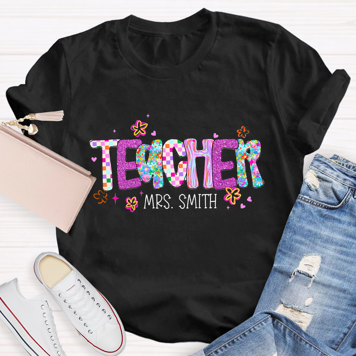 Personalized Teacher Name Pink Plaid T-Shirt