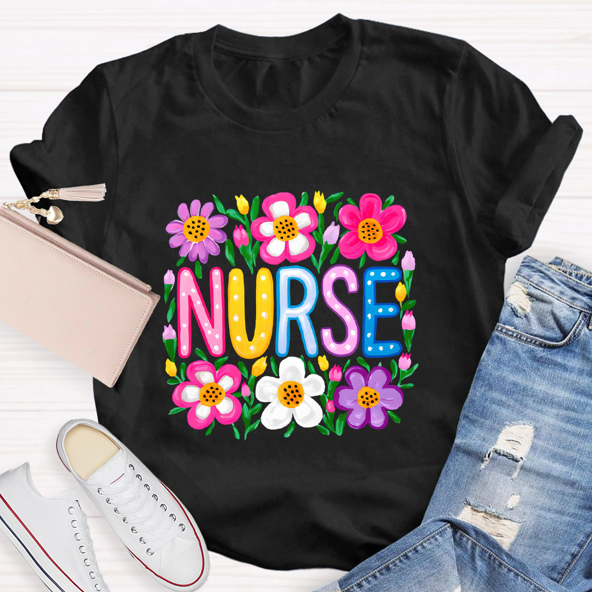 Floral School Nurse T-Shirt