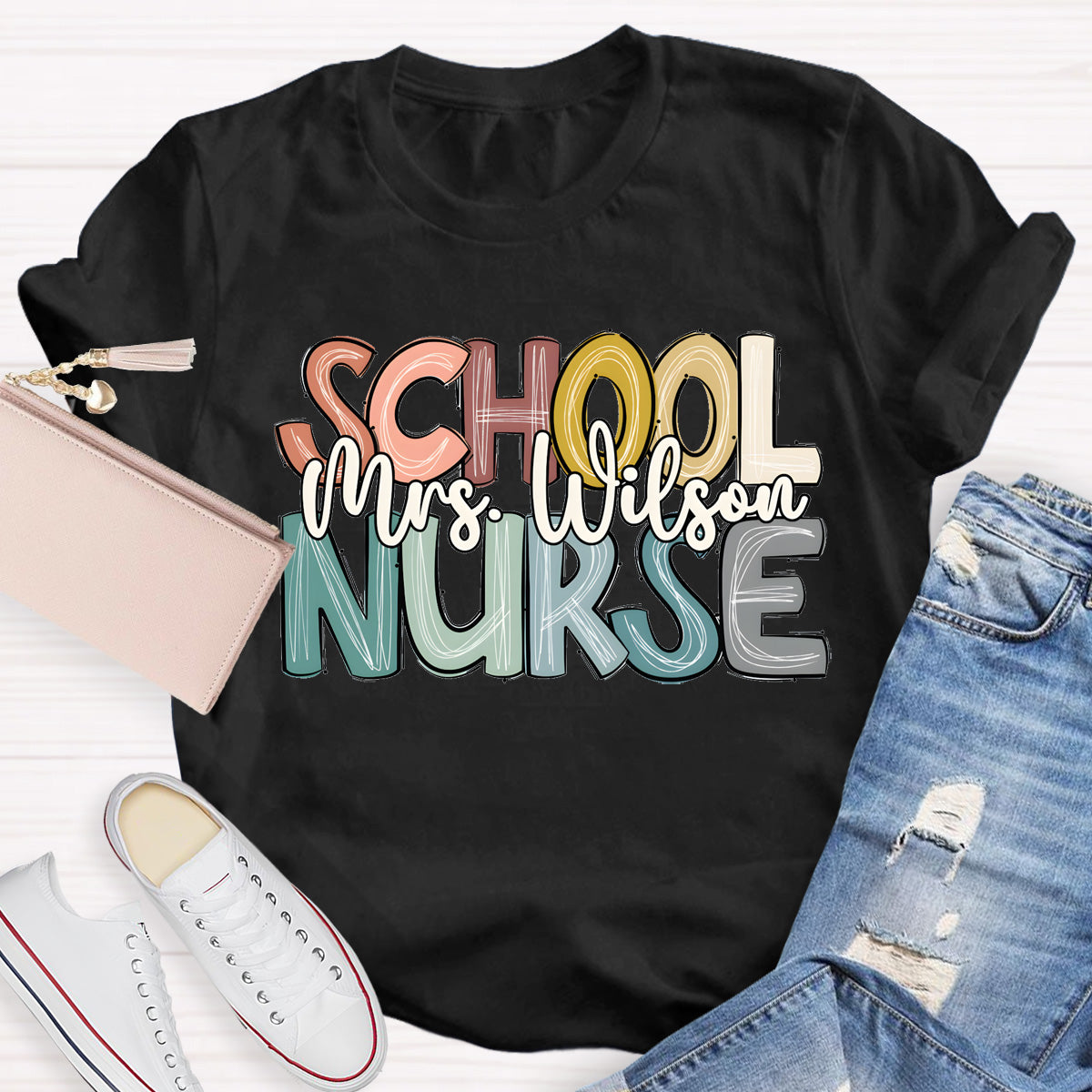 Personalized School Nurse Name Colorful Letter T-Shirt