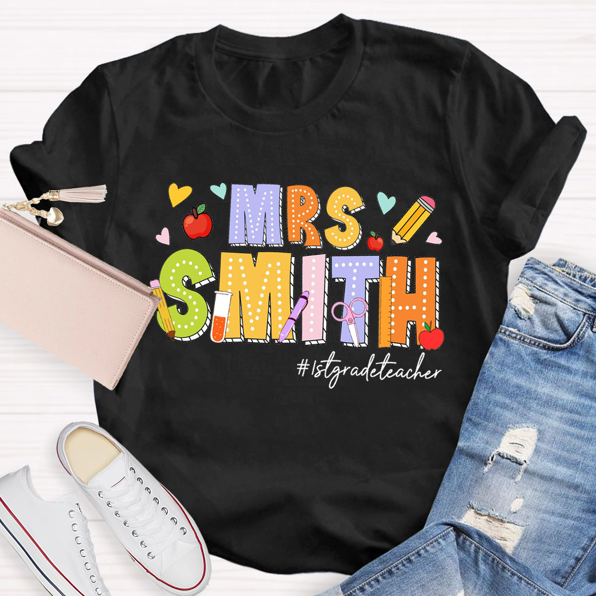 Personalized Name And Grade Heart Teacher T-Shirt
