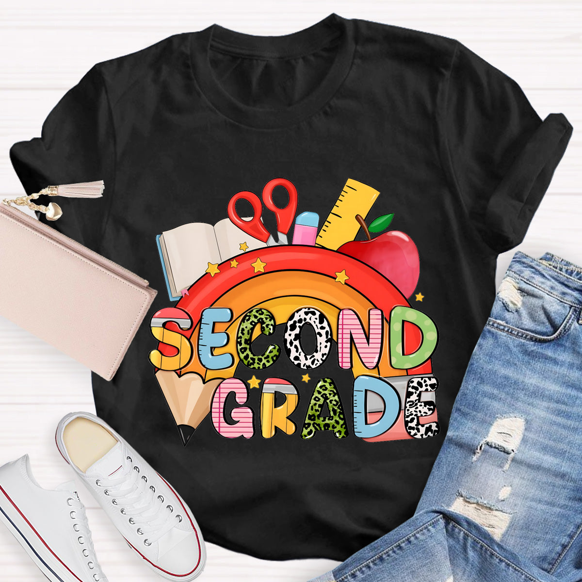 Personalized Grade Pencil Rainbow Second Grade Teacher T-Shirt