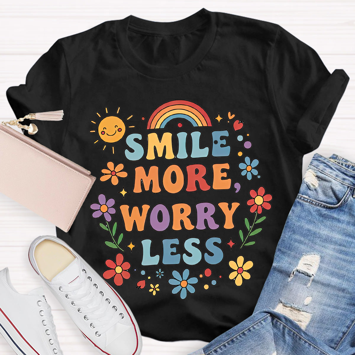 Smile More Worry Less Teacher T-Shirt