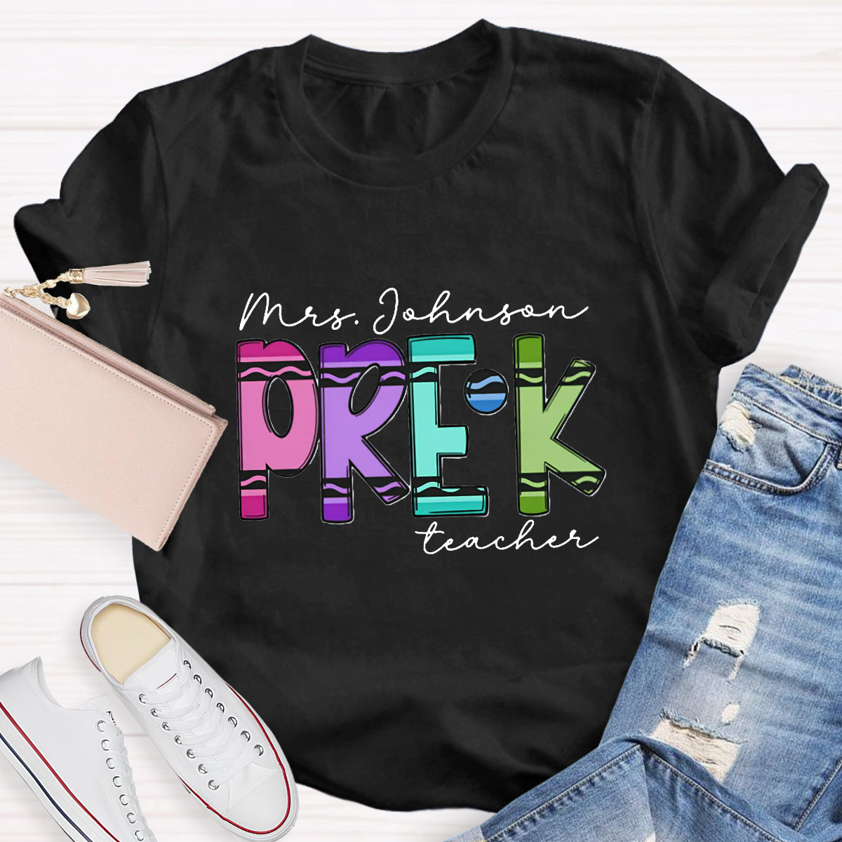 Personalized Grade And Name Crayon Teacher T-Shirt