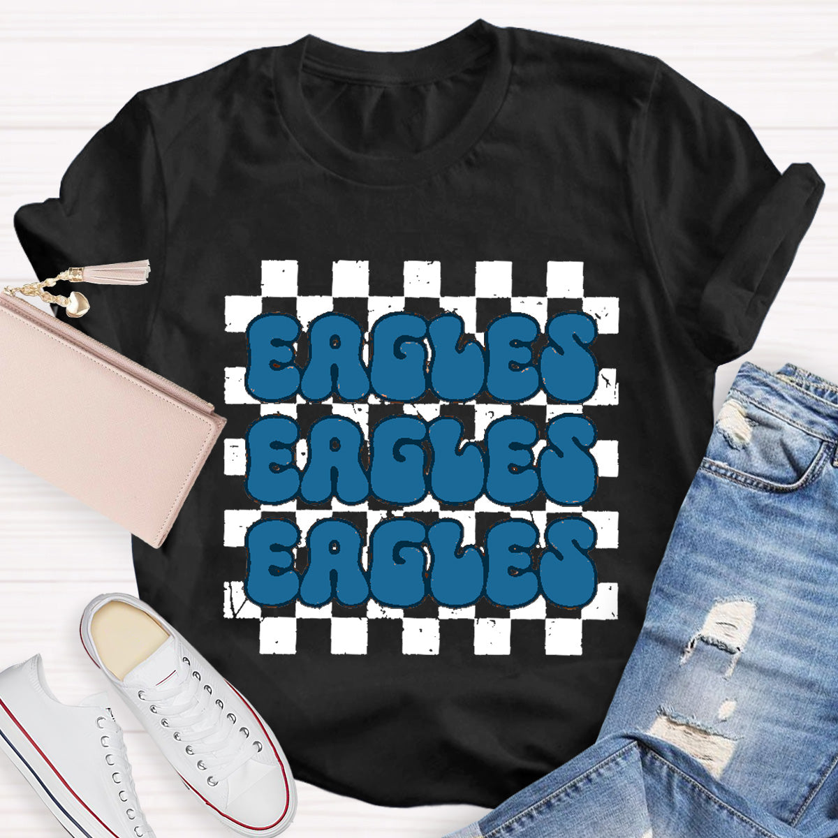 Personalized Mascot Eagles Chessboard pattern Teacher T-Shirt
