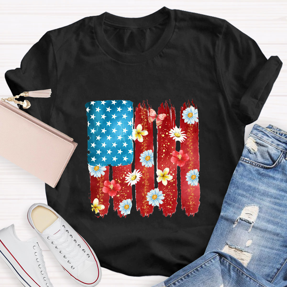 US Flag Flower Strip Star Teacher T-Shirt