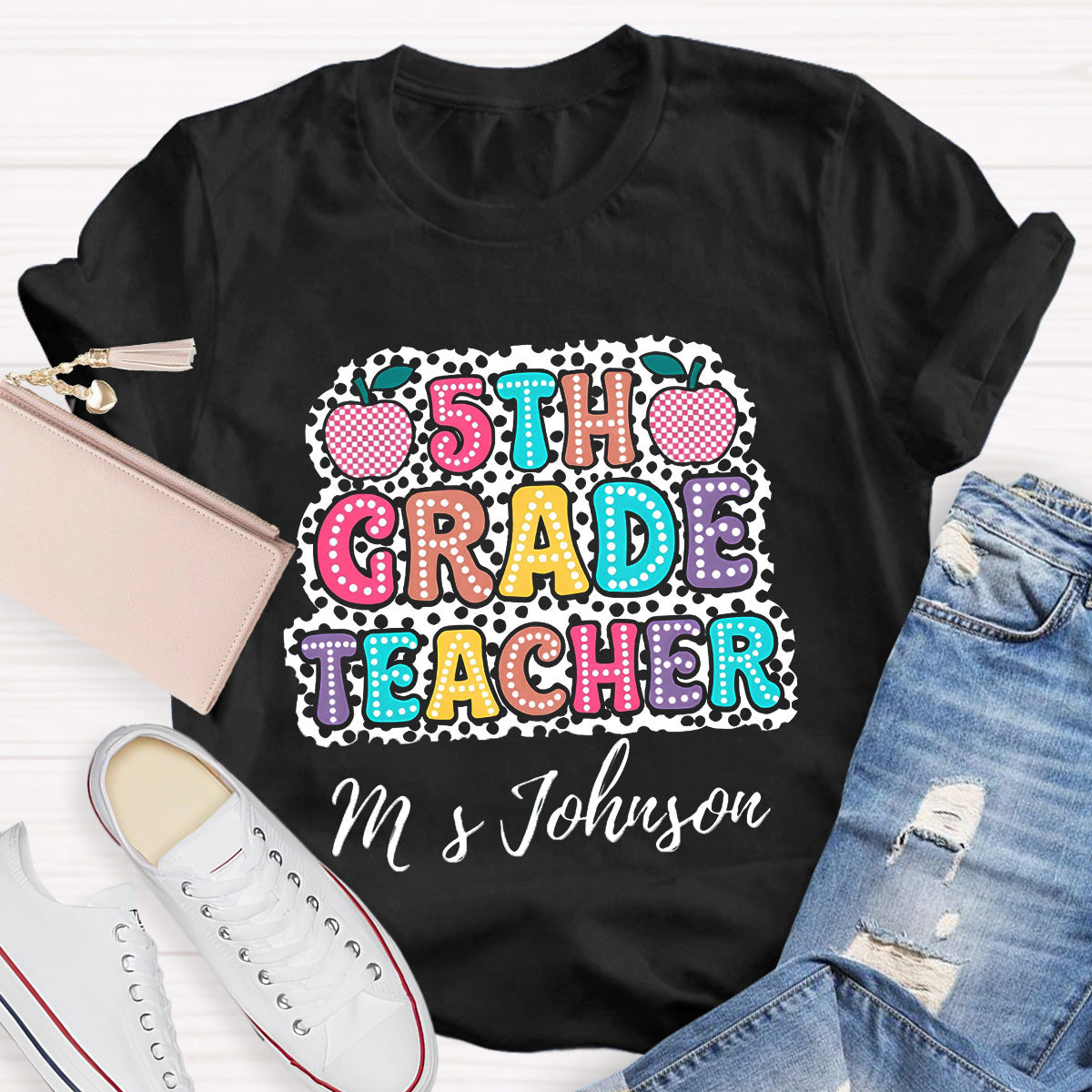 Personalized Name And Grade Checkerboard Apple Teacher T-Shirt