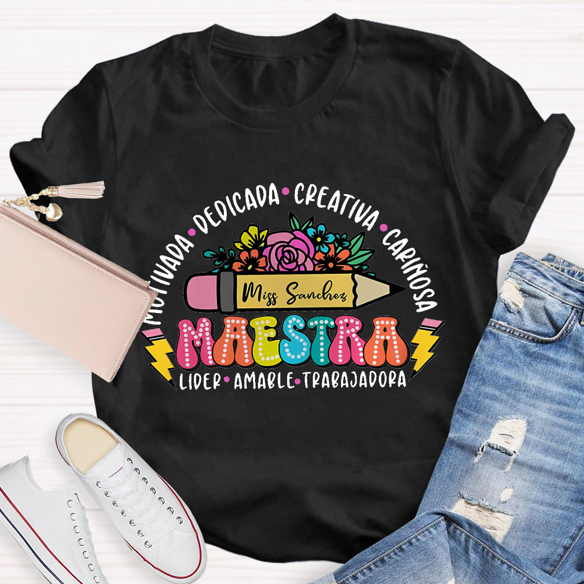 Personalize Name Maestra Pencil Teacher T-Shirt