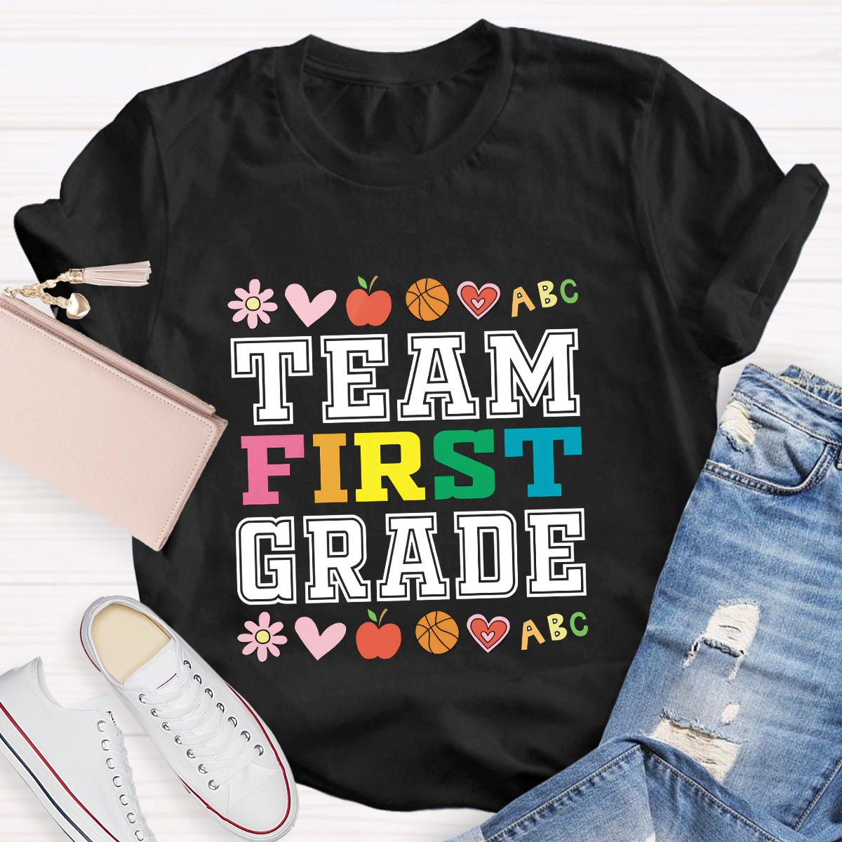 Personalized Grade Team Colorful First Grade Teacher T-Shirt