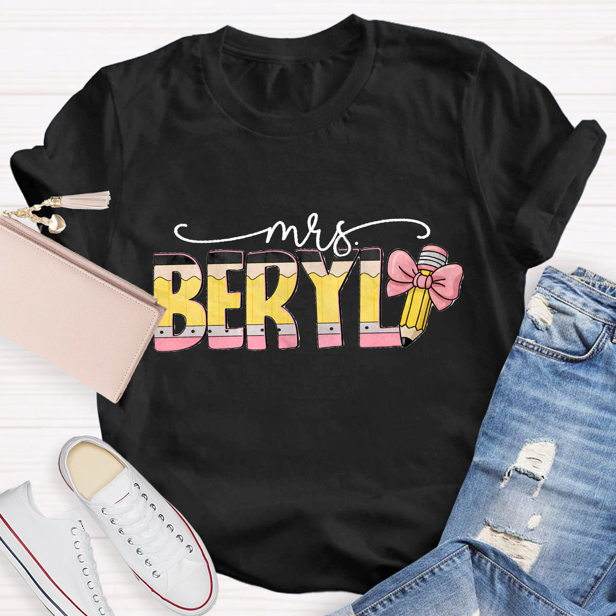 Personalized Teacher Name Pink Pencil T-Shirt