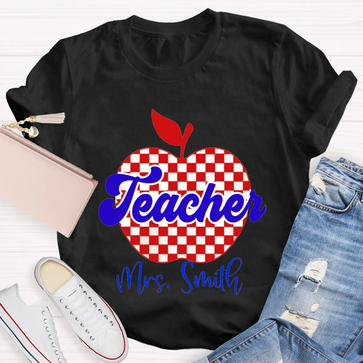 Personalized Name Red Apple Teacher T-Shirt