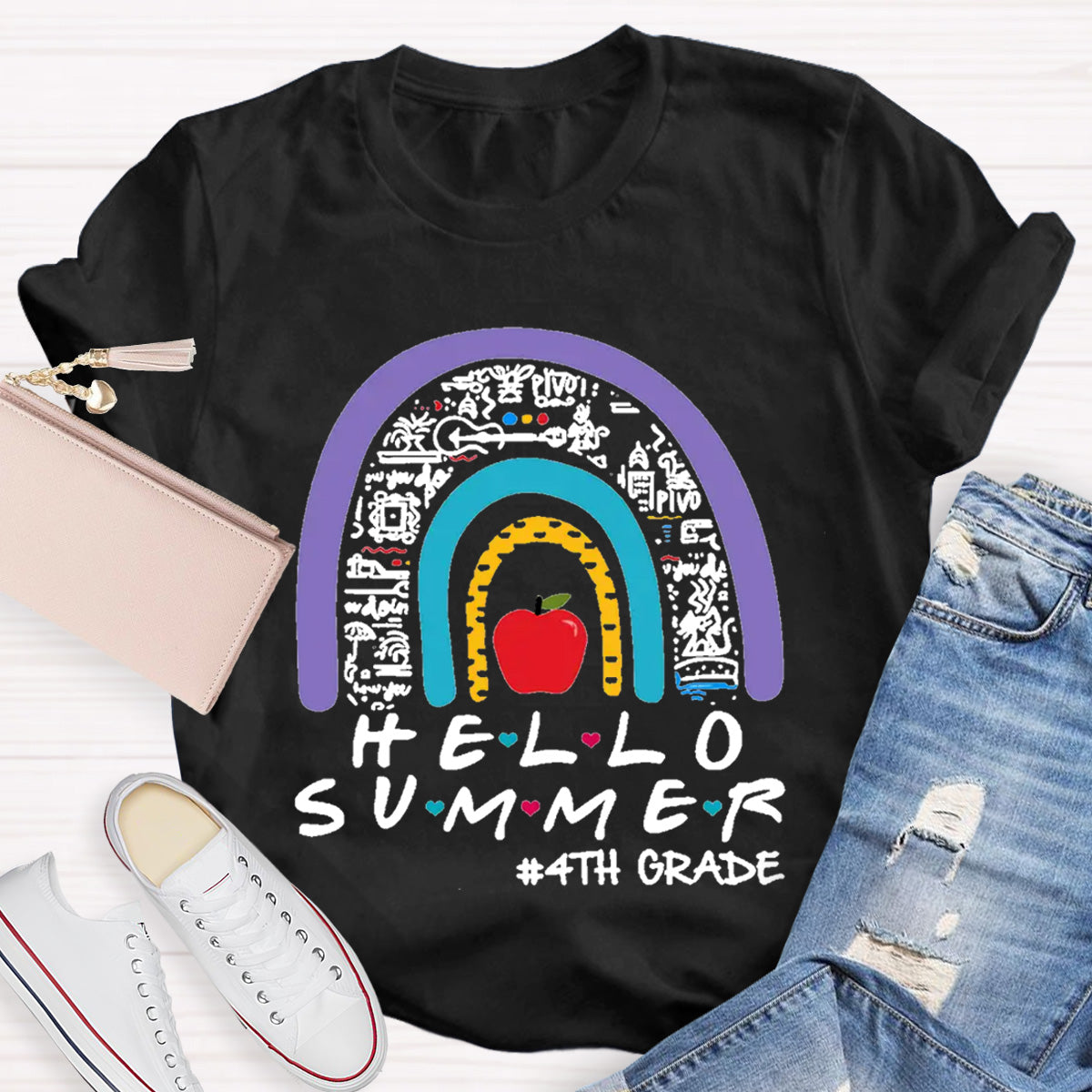 Personalized Grade Hello Summer Apple Rainbow Teacher T-Shirt