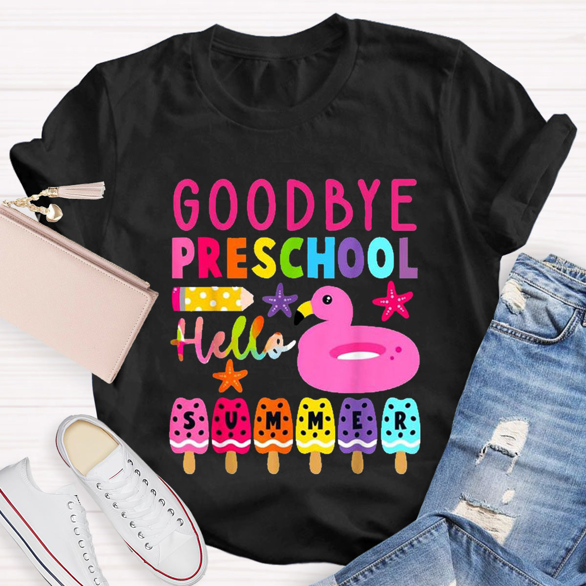 Personalized Grade Goodbye Preschool Hello Summer Teacher T-Shirt