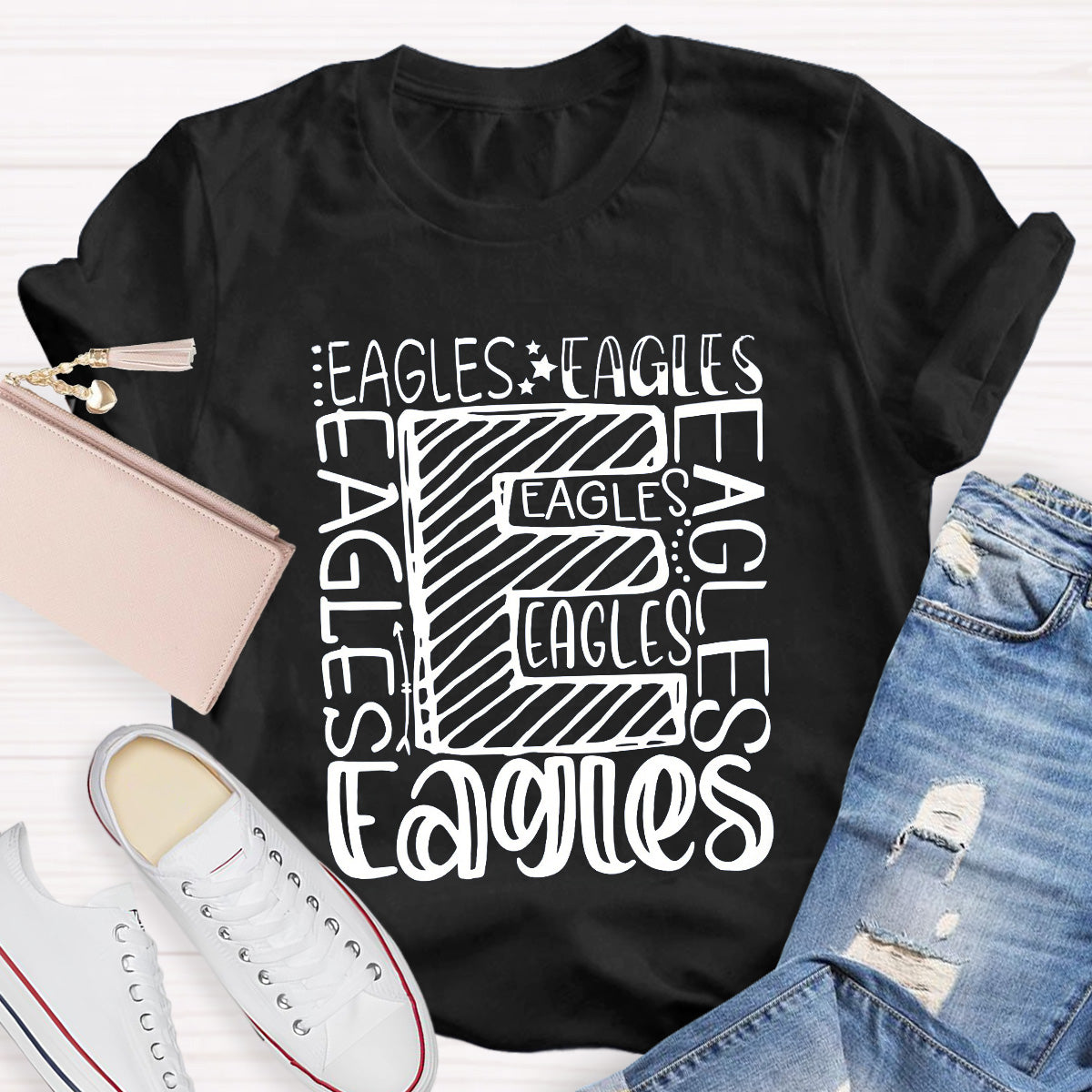 Personalized School Mascot Eagles Black Letters Teacher T-Shirt