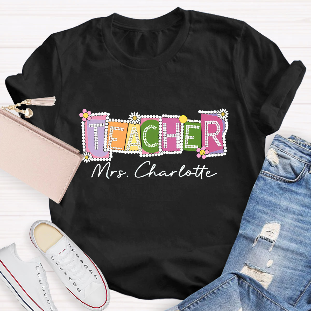 Personalized Teacher Name Contrasting Flowers T-Shirt