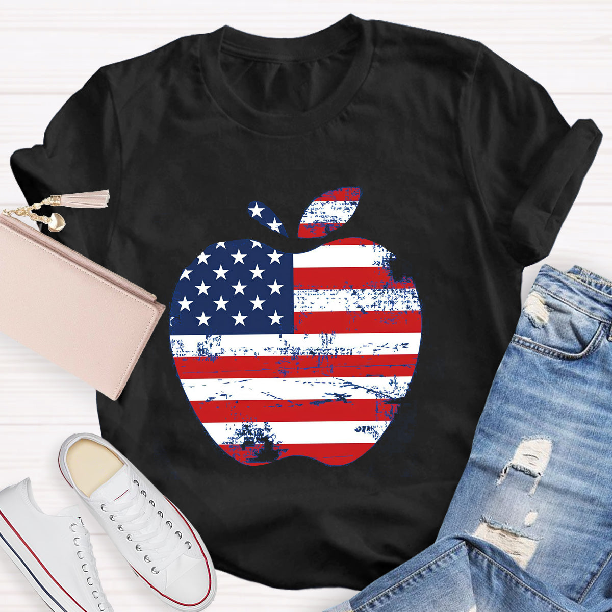 US Flag Apple Teacher T-Shirt