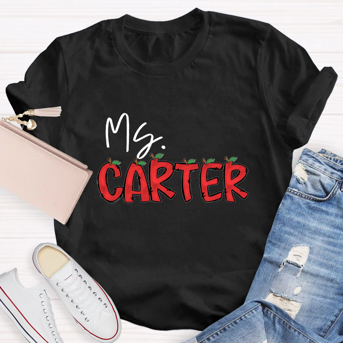 Personalized Teacher's Name Red Apple Letter T-Shirt