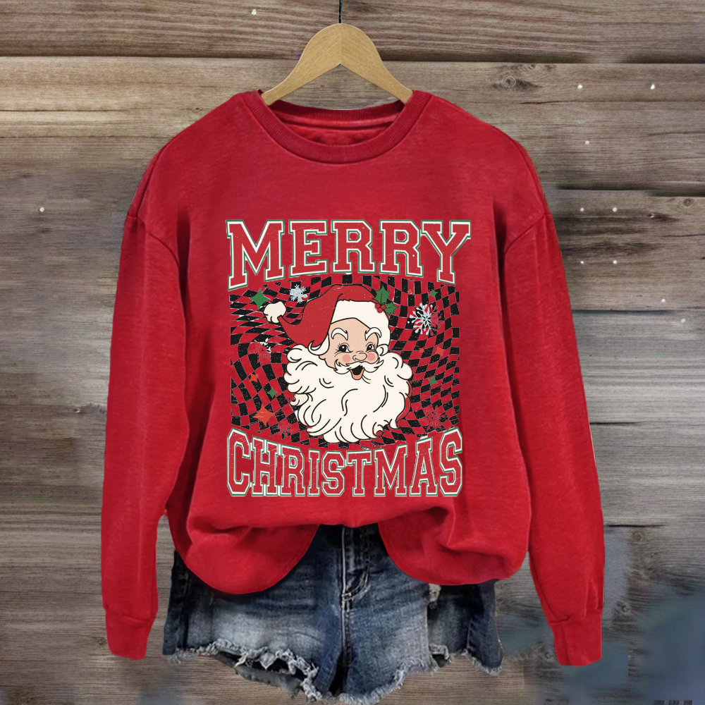 Merry Christmas Plaid Print Santa Sweatshirt