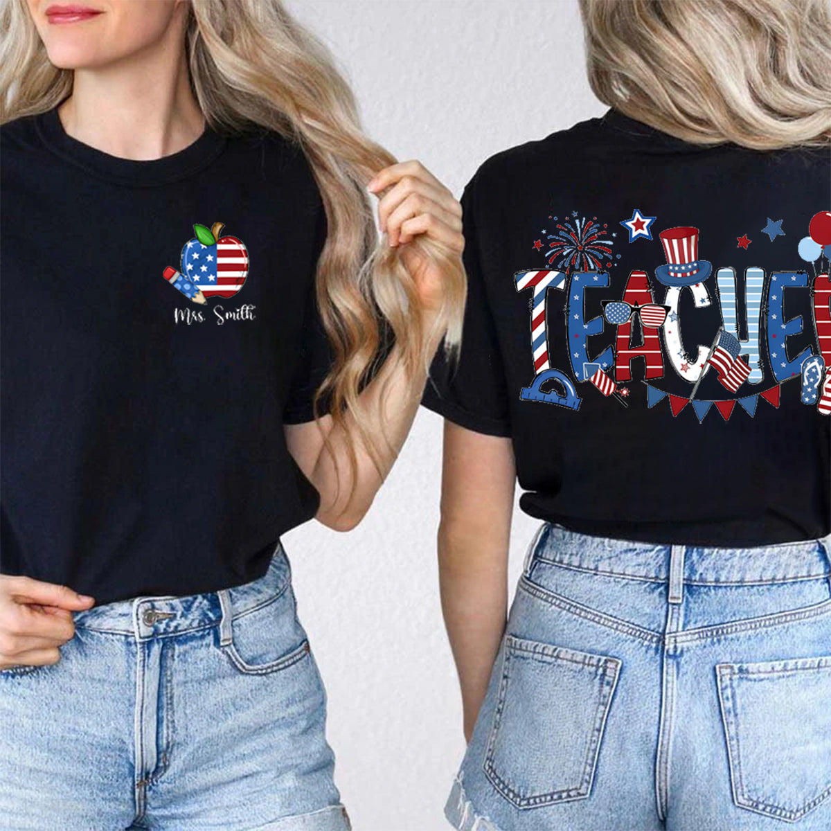 Personalized Name US Flag Apple Double Printed T-shirt