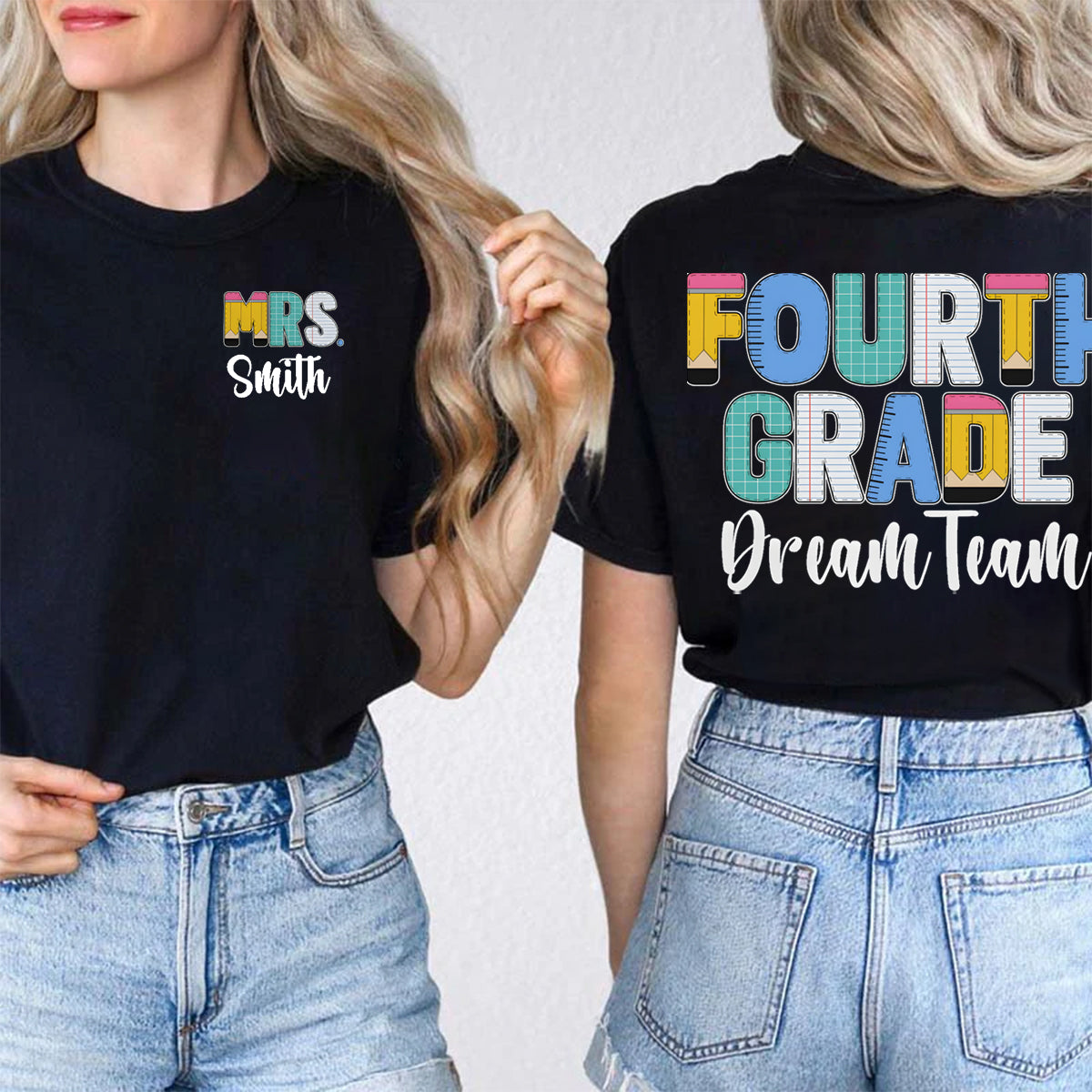 Personalized Grade And Name Double Colorful Pencil Printed T-shirt