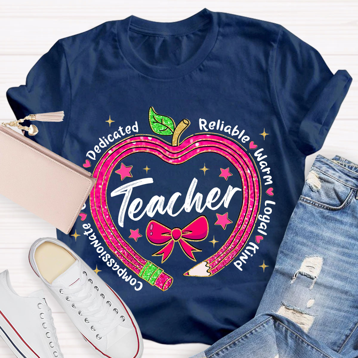 Reliable Warm Glitter Apple Pencil Heart Teacher T-Shirt