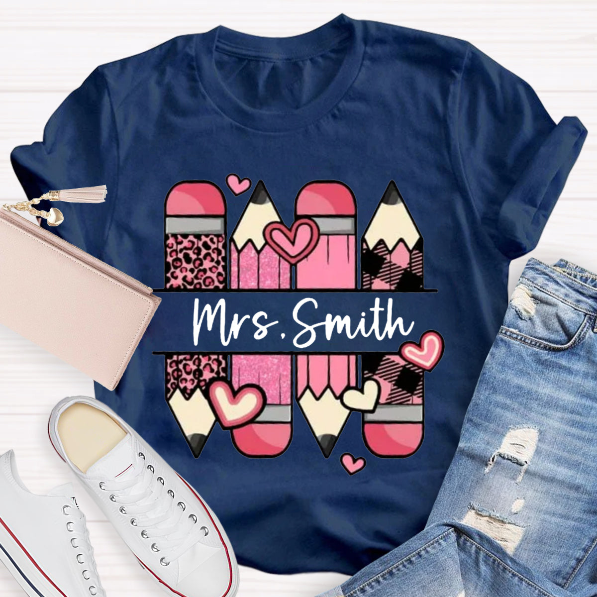 Personalized Name Pink Pencil Heart Mrs Smith T-Shirt