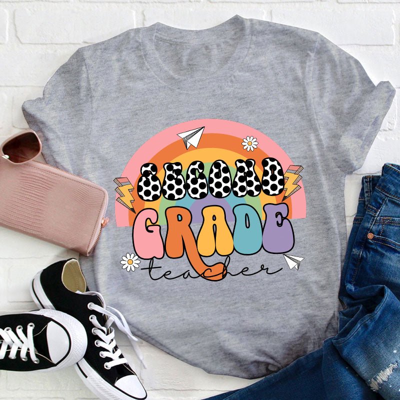 Personalized Grade Rainbow Black Dot Teacher T-Shirt