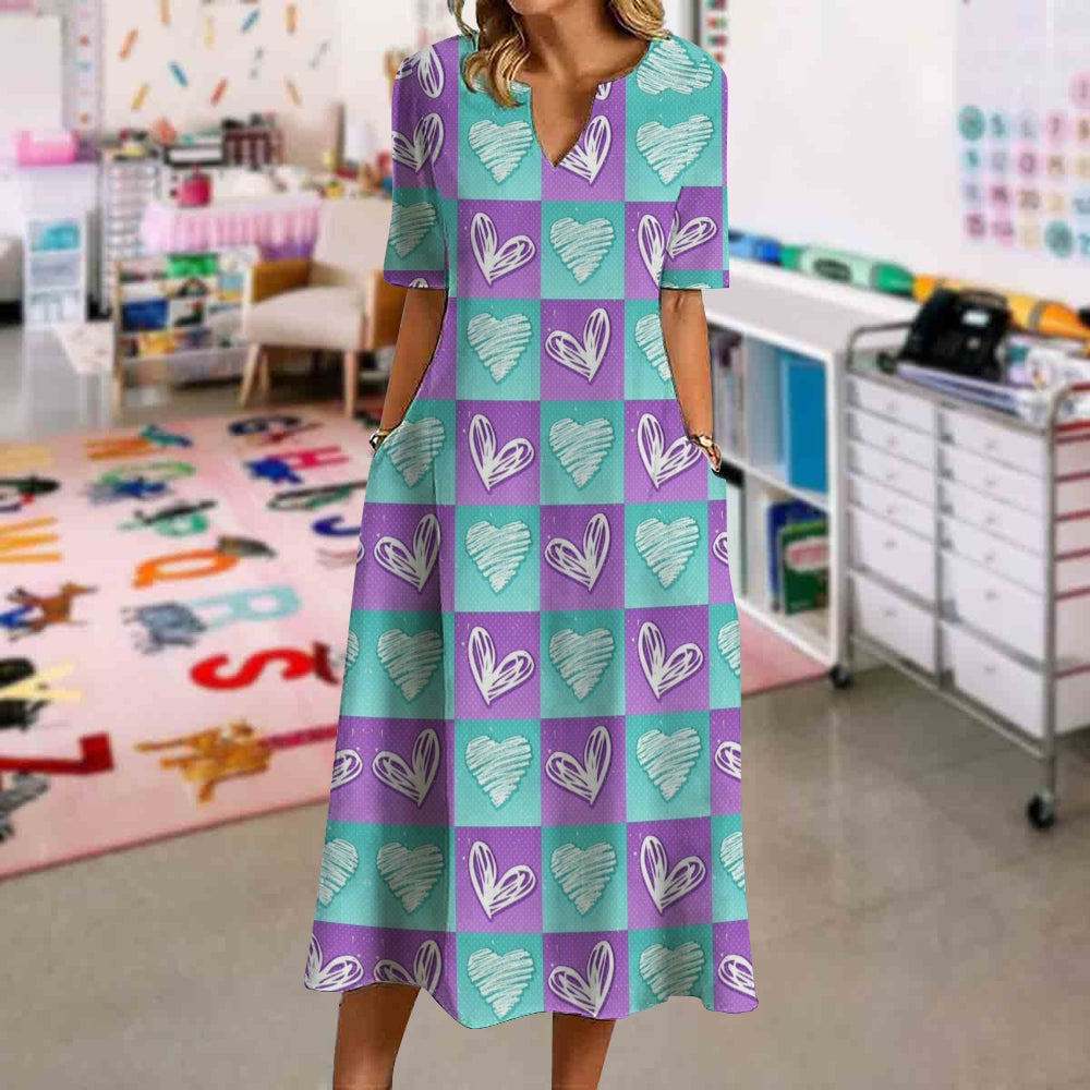 Chic Heart Block Print Dress in Blue & Purple Dress