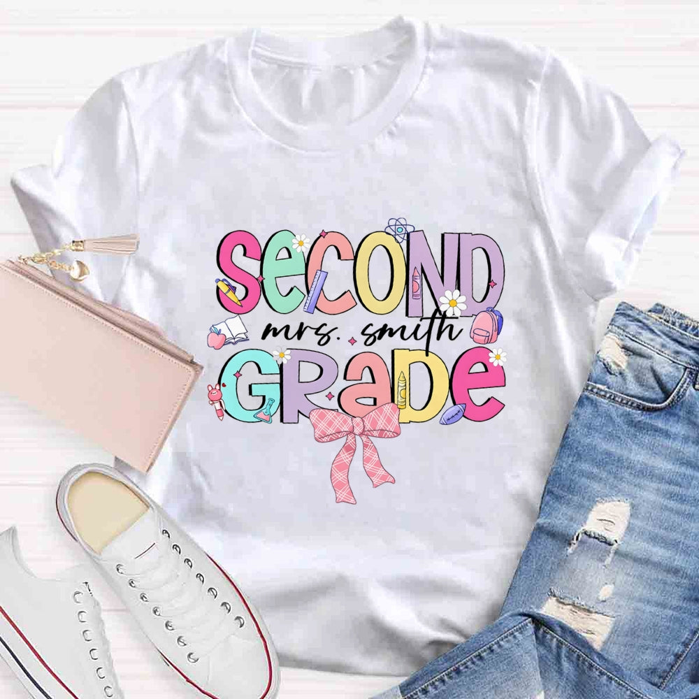Personalized Name And Grade Pink Bow Back To School T-shirt