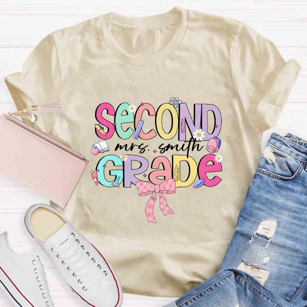 Personalized Name And Grade Pink Bow Back To School T-shirt
