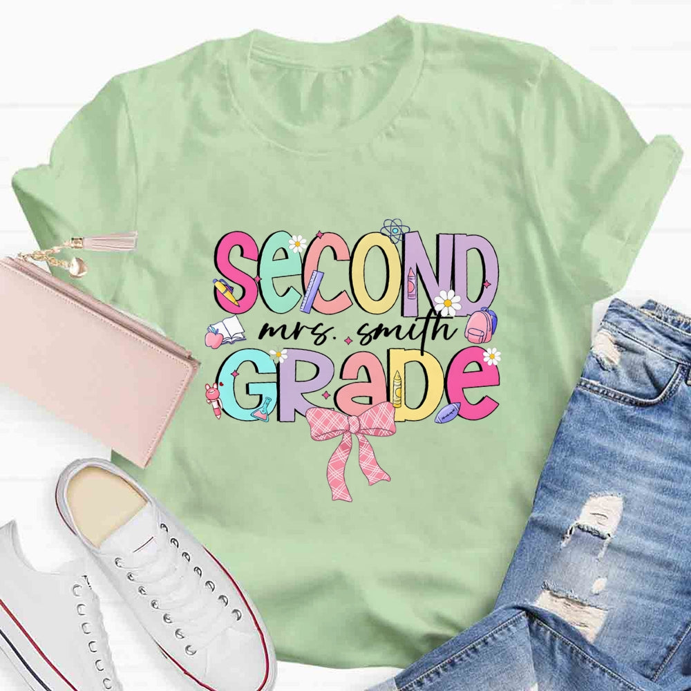Personalized Name And Grade Pink Bow Back To School T-shirt